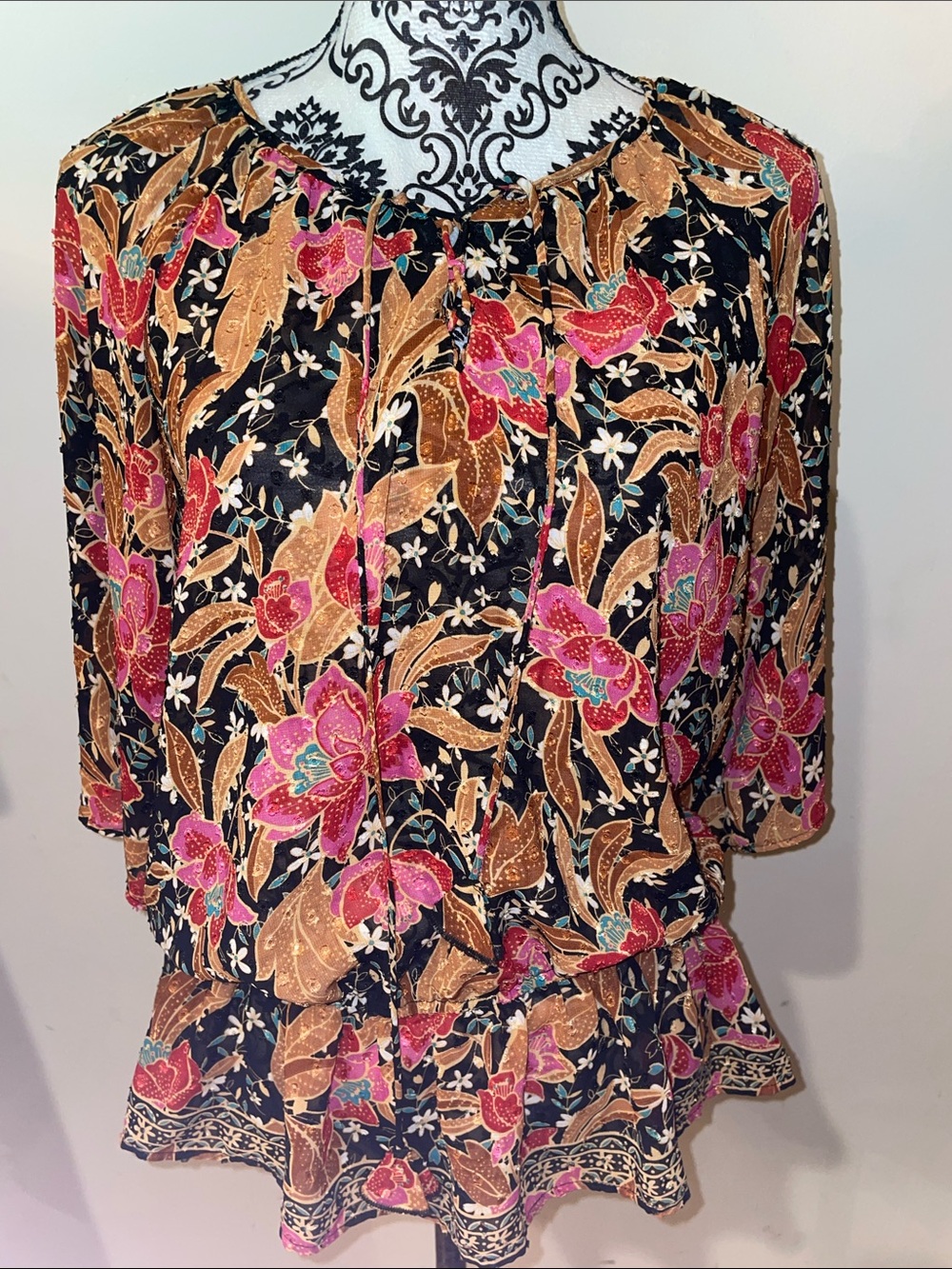 DR2 by Daniel Rainn Black Pink & Tan Floral Print Boho Blouse Size Large